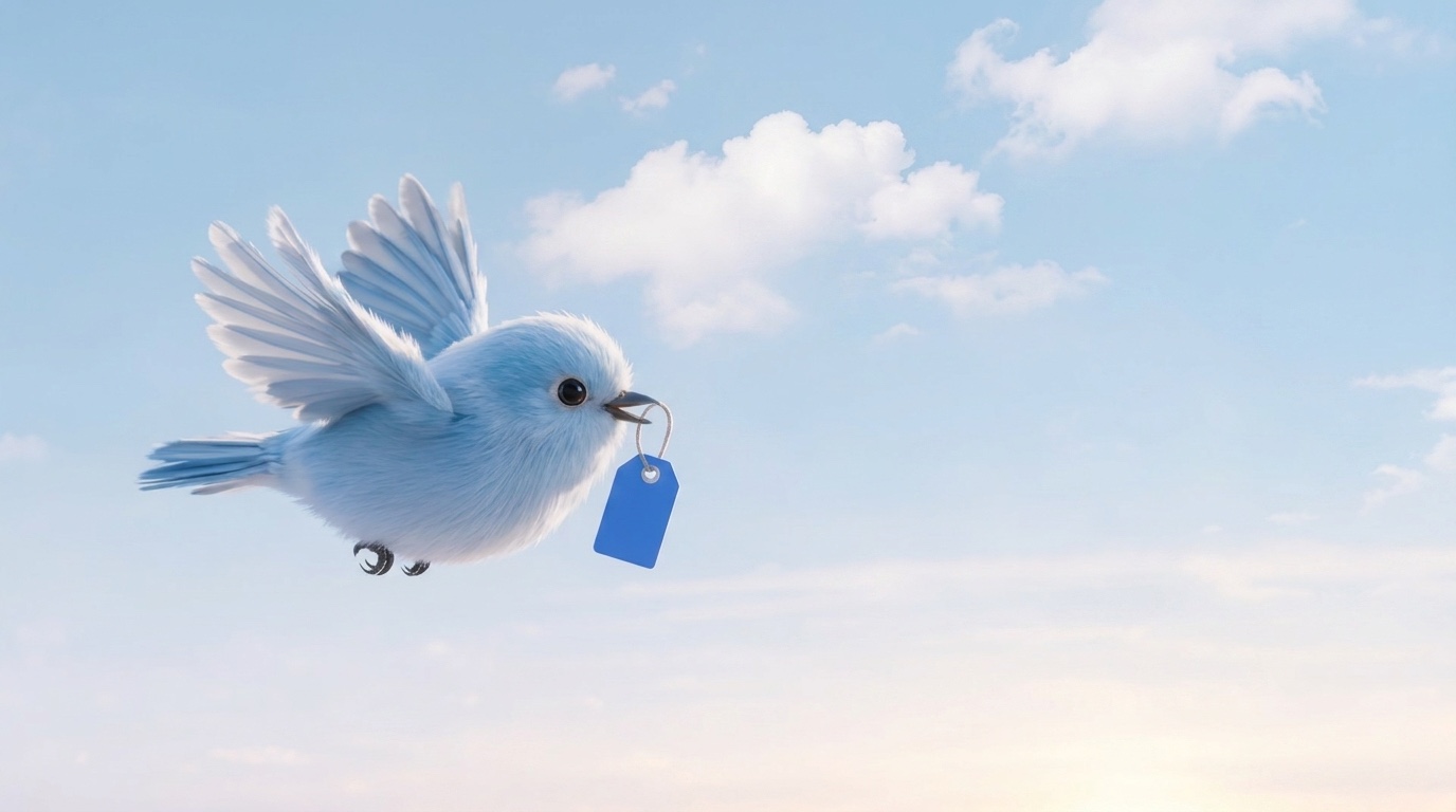 The SalesBird bird gliding through a dawn sky, carrying a price tag